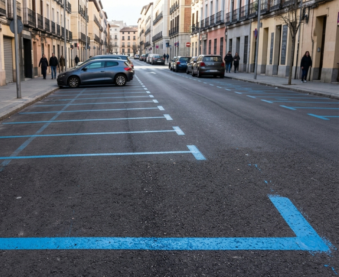 estacionamiento regulado, pintura horizontal, líneas azul, zona ora, saludes servicios, industrias saludes