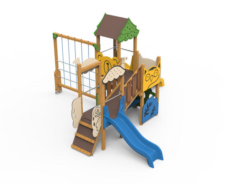 juego infantil bosque con tobogán y zonas de trepa serie Animalia parque infantil temática bosque con animales Saludes Parques estructura infantil bosque multijuego con plataformas y tobogán