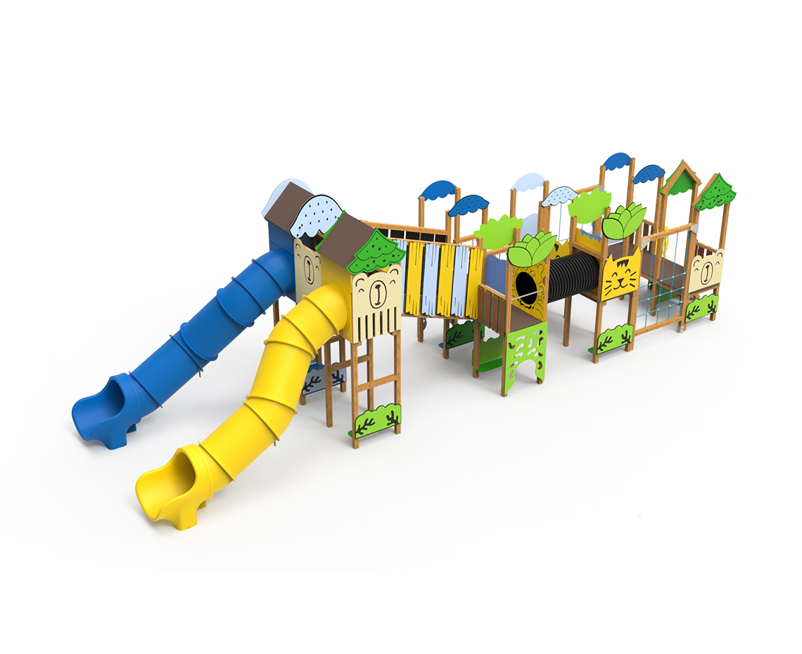 multijuego zig zag con toboganes y redes serie Animalia, parque infantil con túneles y pasarelas zig zag, estructura infantil animales tierra y mar Saludes Parques, juego infantil grande con diferentes alturas y trepa,