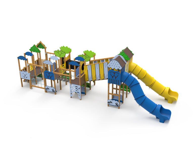 multijuego zig zag con toboganes y redes serie Animalia, parque infantil con túneles y pasarelas zig zag, estructura infantil animales tierra y mar Saludes Parques, juego infantil grande con diferentes alturas y trepa,
