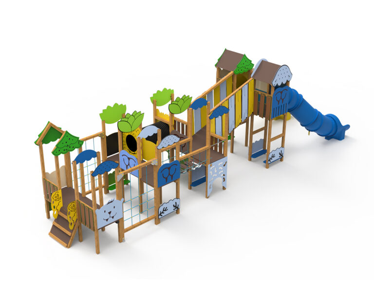 multijuego zig zag con toboganes y redes serie Animalia, parque infantil con túneles y pasarelas zig zag, estructura infantil animales tierra y mar Saludes Parques, juego infantil grande con diferentes alturas y trepa,