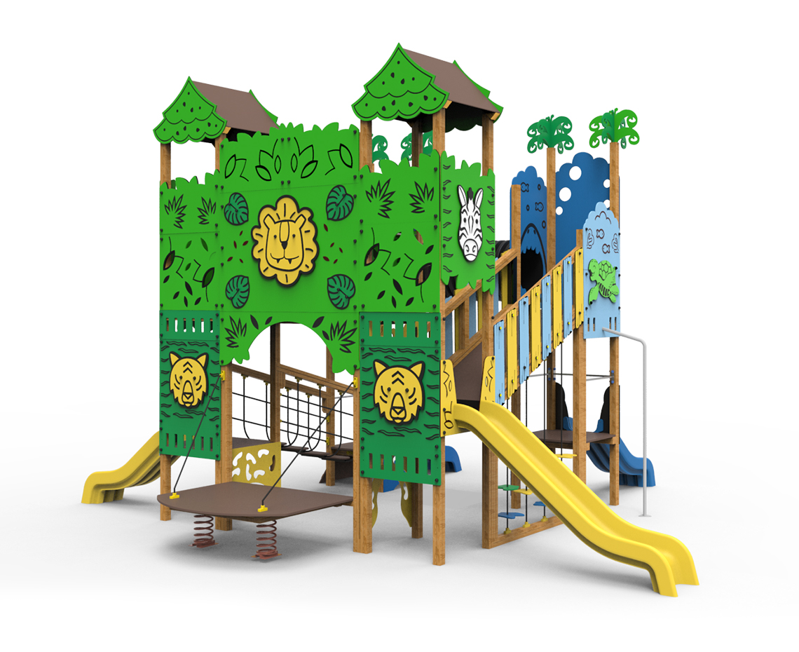 juego infantil 4 torres con toboganes y redes serie Animalia Atakama, parque infantil multijuego con 4 torres y toboganes de distintas alturas, parque infantil animales león tigre cebra temática naturaleza, juego infantil animales marinos peces tiburones tortugas estructura infantil temática ecosistemas tierra y mar.