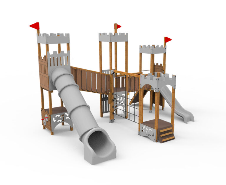 Castillo medieval, juego de 4 torres, juego Hodor, castillo con banderas, parque infantil, medieval, Saludes Parques, tobogán rotomoldeo