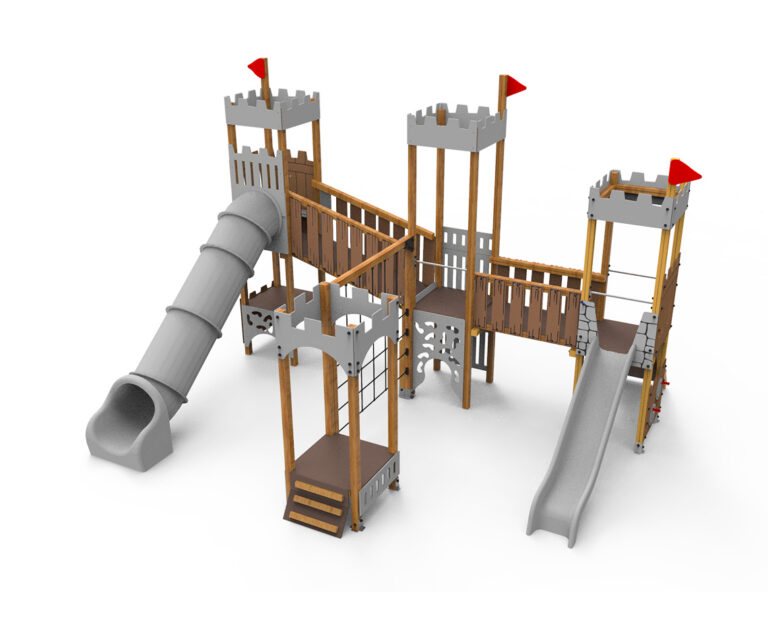 Castillo medieval, juego de 4 torres, juego Hodor, castillo con banderas, parque infantil, medieval, Saludes Parques, tobogán rotomoldeo