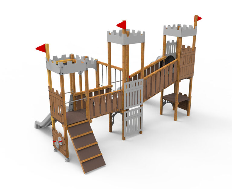 Castillo medieval, juego de 4 torres, juego Hodor, castillo con banderas, parque infantil, medieval, Saludes Parques, tobogán rotomoldeo