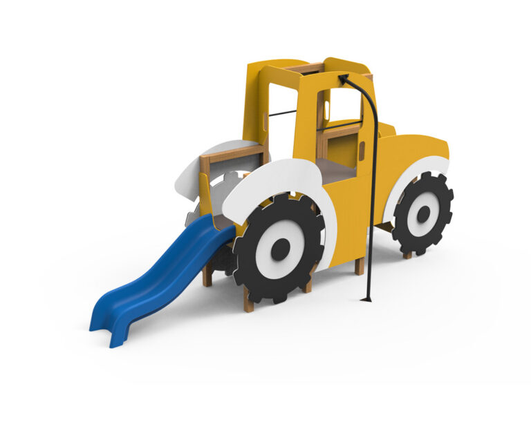 juego infantil tractor amarillo y negro parque temática construcción, parque infantil con tractor de juego Saludes Parques, estructura infantil tractor diseño maquinaria construcción, juego simbólico tractor infantil exterior,