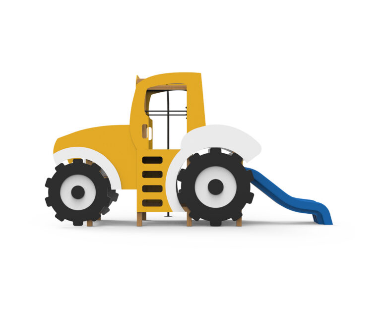 juego infantil tractor amarillo y negro parque temática construcción, parque infantil con tractor de juego Saludes Parques, estructura infantil tractor diseño maquinaria construcción, juego simbólico tractor infantil exterior,