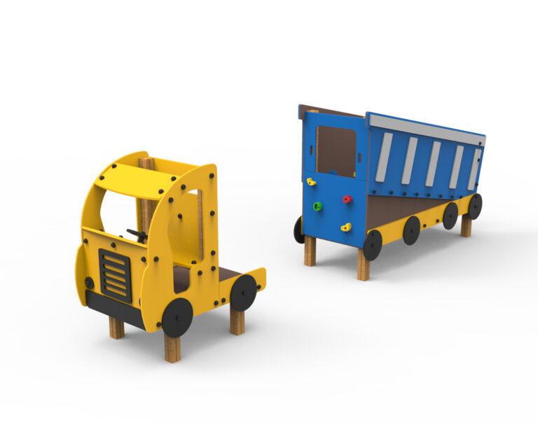 juego infantil camión volquete amarillo negro parque construcción, parque infantil con camión volquete Saludes Parques, estructura infantil camión obra temática construcción, juego simbólico camión volquete parque infantil,