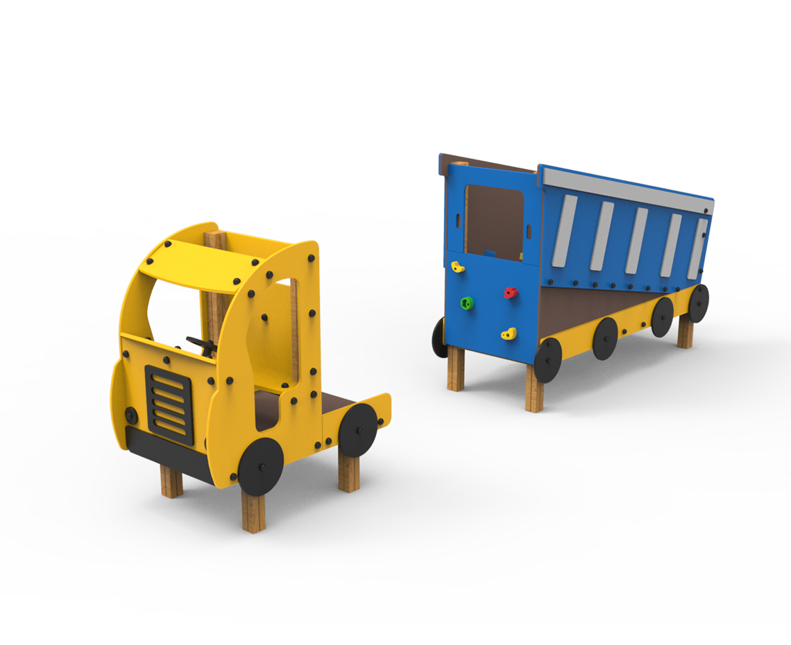 juego infantil camión volquete amarillo negro parque construcción, parque infantil con camión volquete Saludes Parques, estructura infantil camión obra temática construcción, juego simbólico camión volquete parque infantil,