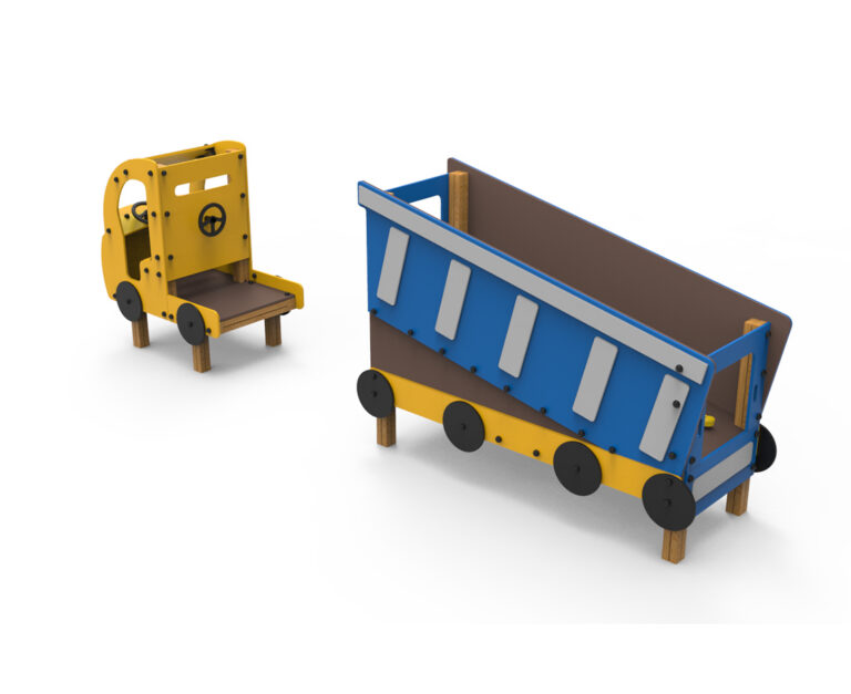 juego infantil camión volquete amarillo negro parque construcción, parque infantil con camión volquete Saludes Parques, estructura infantil camión obra temática construcción, juego simbólico camión volquete parque infantil,