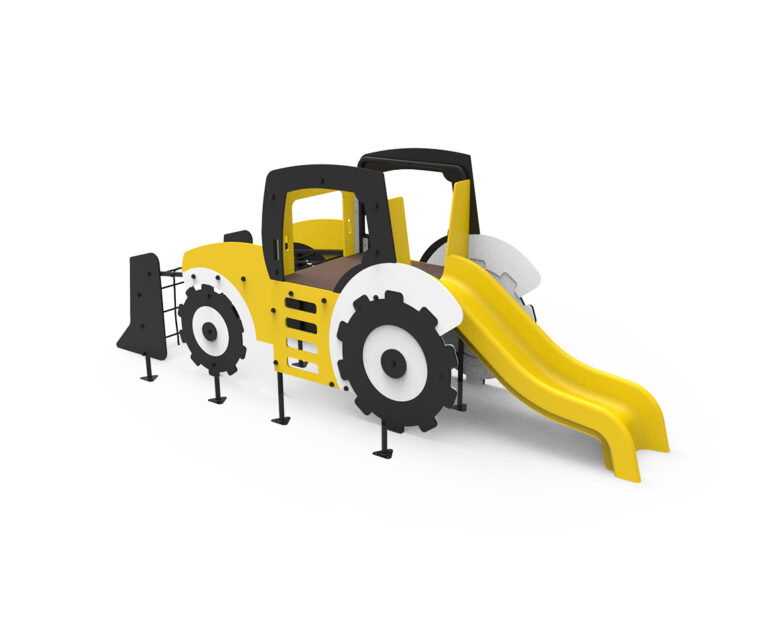 juego infantil excavadora amarillo negro parque construcción, parque infantil temática excavadora Saludes Parques, estructura infantil excavadora juego simbólico maquinaria, juego de parque excavadora infantil exterior,