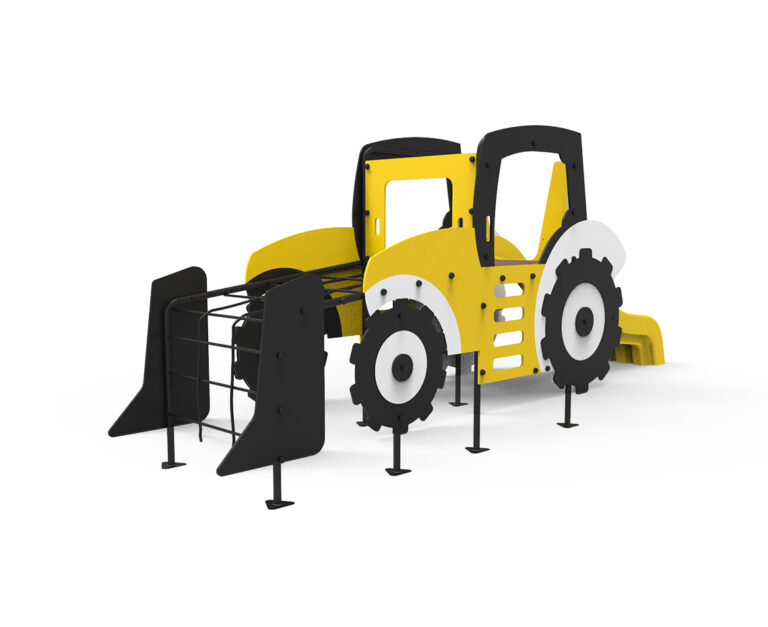 juego infantil excavadora amarillo negro parque construcción, parque infantil temática excavadora Saludes Parques, estructura infantil excavadora juego simbólico maquinaria, juego de parque excavadora infantil exterior.