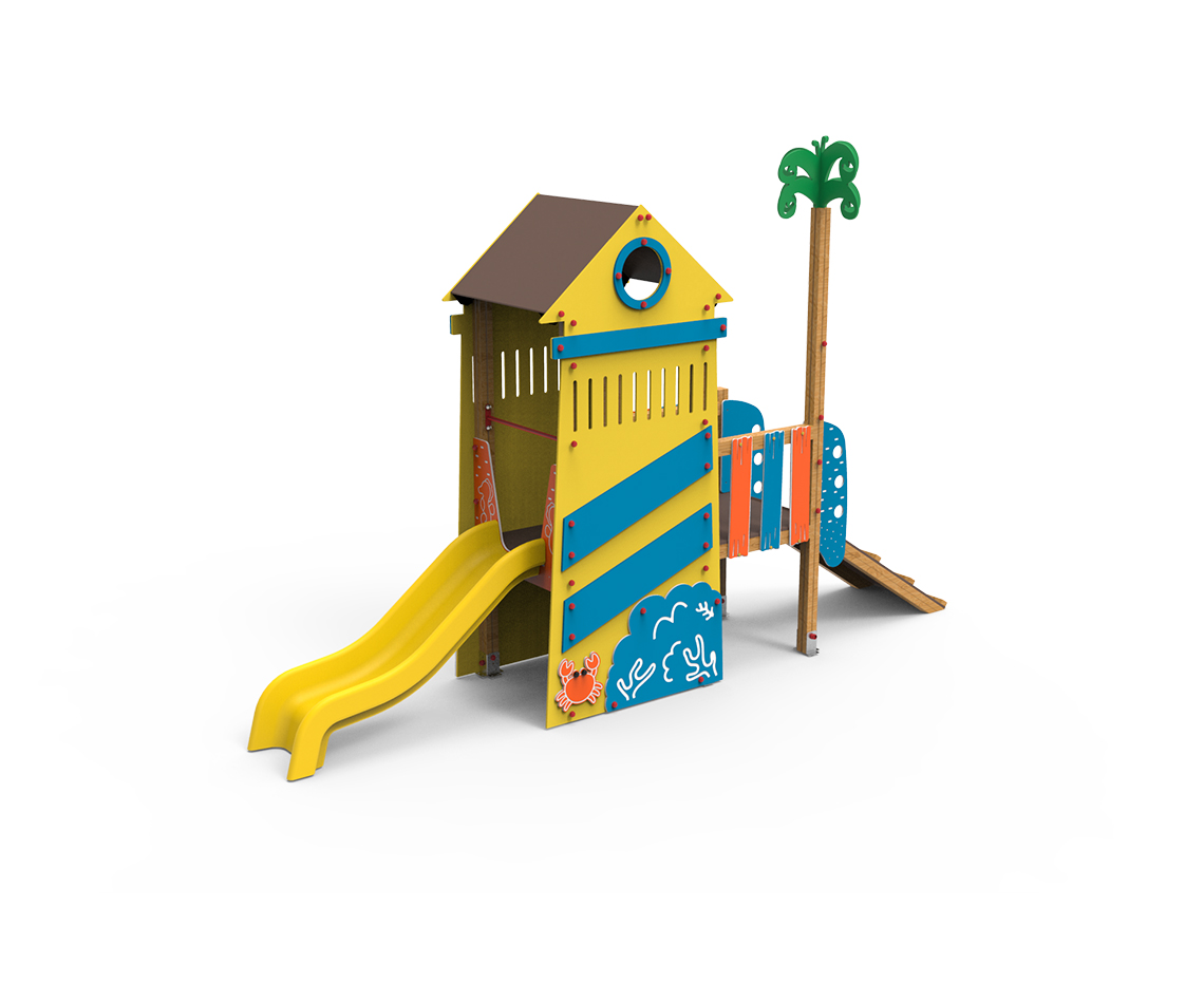 juego de playa, juego infantil, juego con palmera, juego veraniego. cangrejo, juego saludes parques, serie islas., faro,