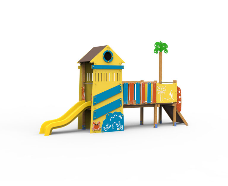 juego de playa, juego infantil, juego con palmera, juego veraniego. cangrejo, juego saludes parques, serie islas, faro