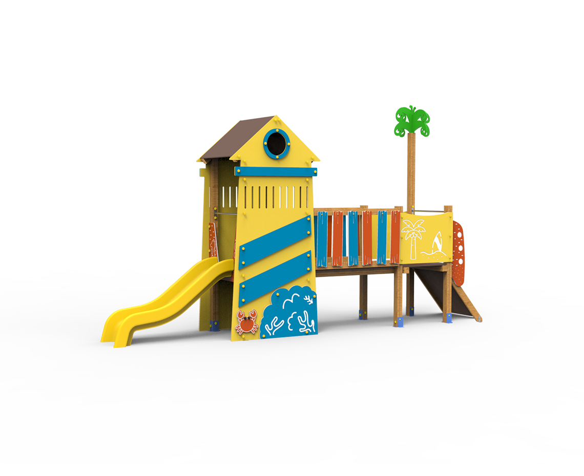 juego de playa, juego infantil, juego con palmera, juego veraniego. cangrejo, juego saludes parques, serie islas, faro