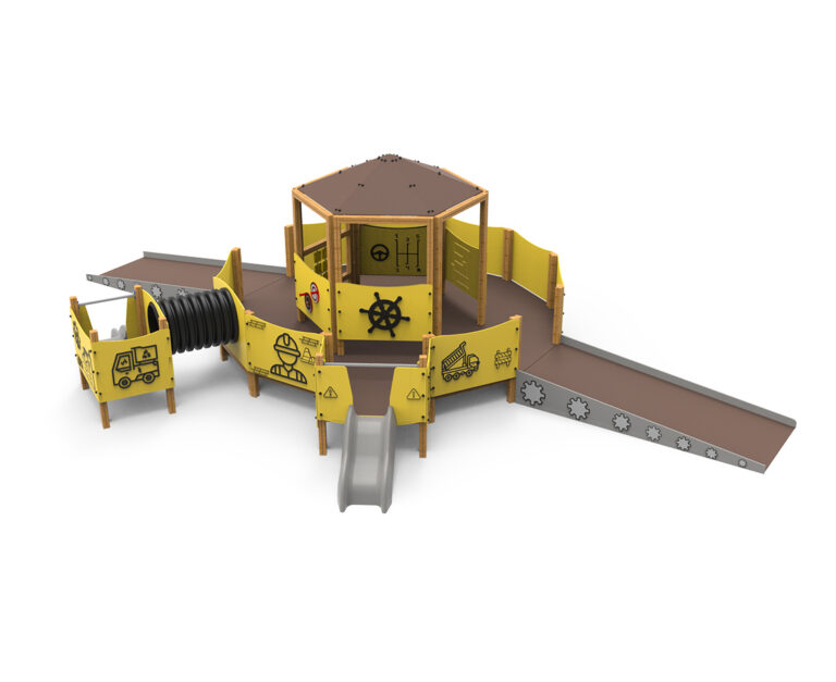 juego inclusivo, juego construcción, juego ingeniería, vehículos industriales, rampas inclusivas, juegos adaptados, saludes parques