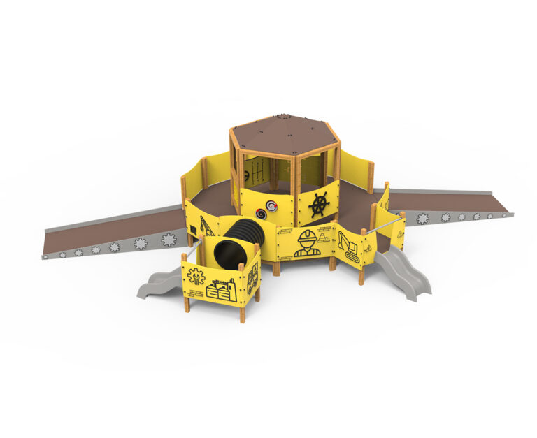 juego inclusivo, juego construcción, juego ingeniería, vehículos industriales, rampas inclusivas, juegos adaptados, saludes parques