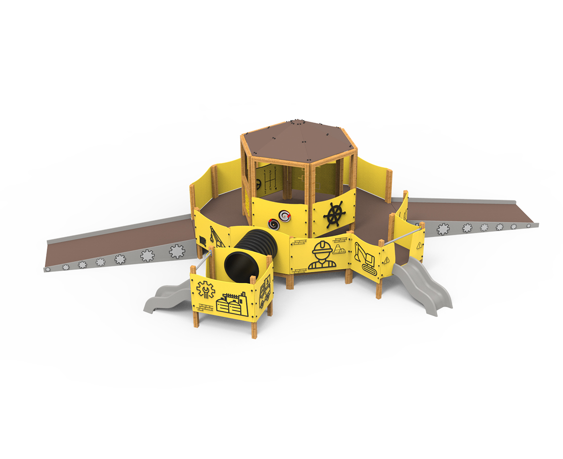 juego inclusivo, juego construcción, juego ingeniería, vehículos industriales, rampas inclusivas, juegos adaptados, saludes parques