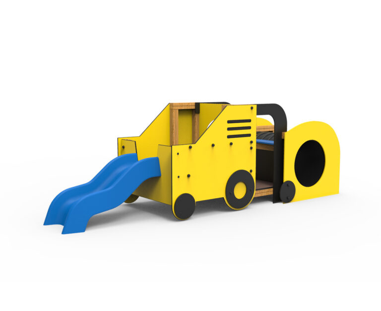 juego infantil apisonadora amarillo negro parque infantil, parque infantil con apisonadora temática construcción, estructura infantil apisonadora juego simbólico exterior, juego de obra infantil apisonadora Saludes Parques.