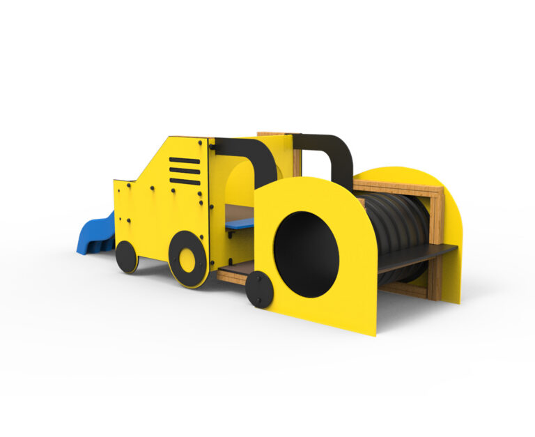 juego infantil apisonadora amarillo negro parque infantil, parque infantil con apisonadora temática construcción, estructura infantil apisonadora juego simbólico exterior, juego de obra infantil apisonadora Saludes Parques.