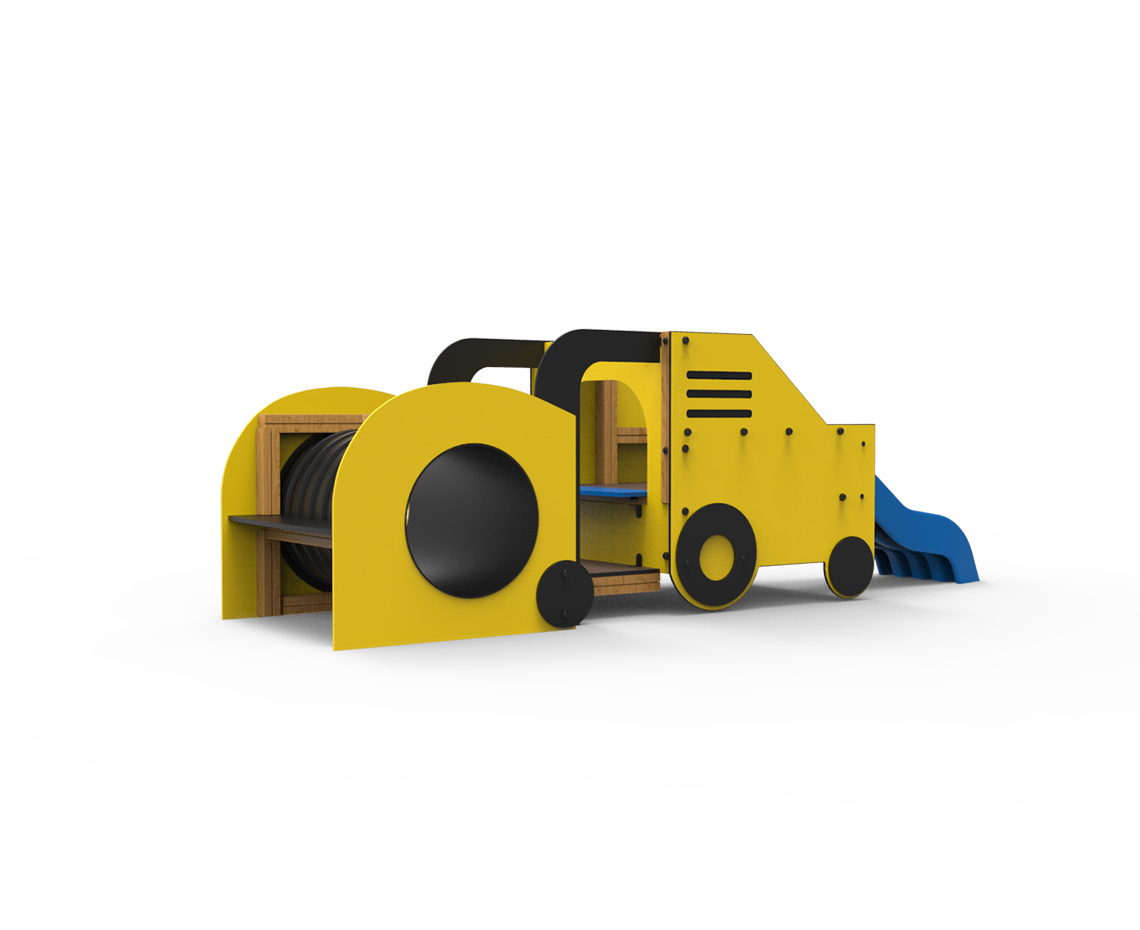 juego infantil apisonadora amarillo negro parque infantil, parque infantil con apisonadora temática construcción, estructura infantil apisonadora juego simbólico exterior, juego de obra infantil apisonadora Saludes Parques.
